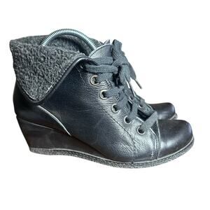 Eric Michael Black Leather Wedge Booties Size 37 US 6.5